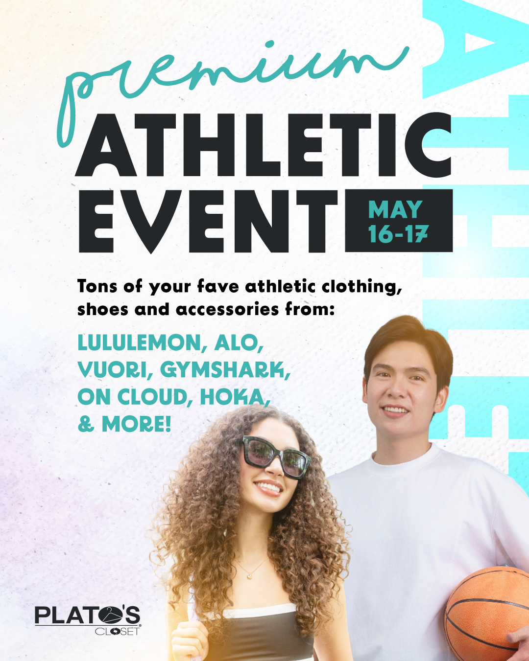 a girl and a guy wearing athletic clothing smiling against a blue background